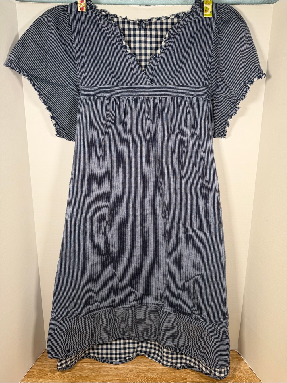 Blue Striped Gingham-Trim Cottagecore Dress